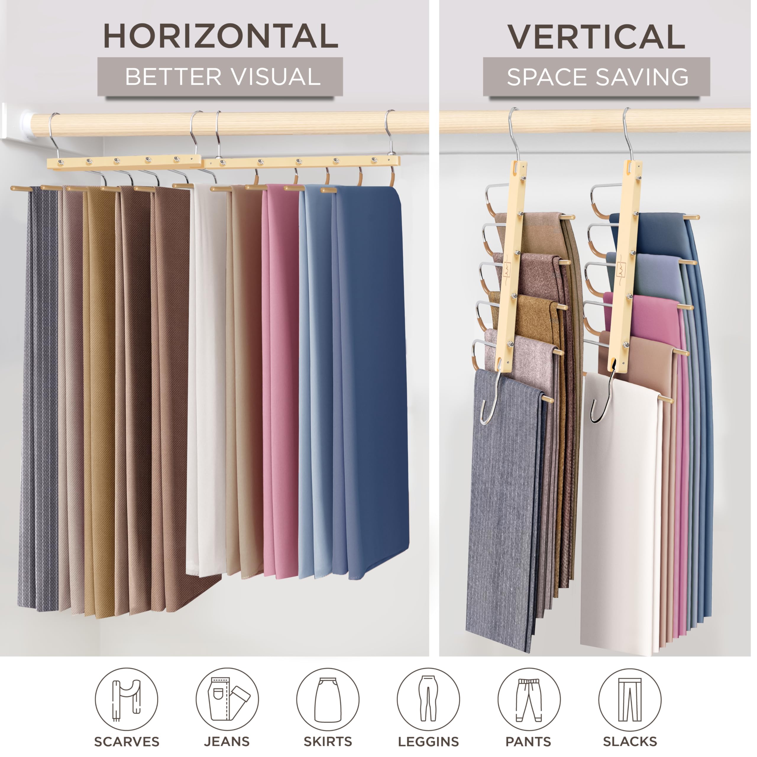 MORALVE Pants Hangers Space Saving - 2 Pack European Beechwood Scarf and Jean Hangers - Closet Organizer and Space Saver Pant Rack, Leggings Hanger, and Scarf Holder with 360° Swivel Hook