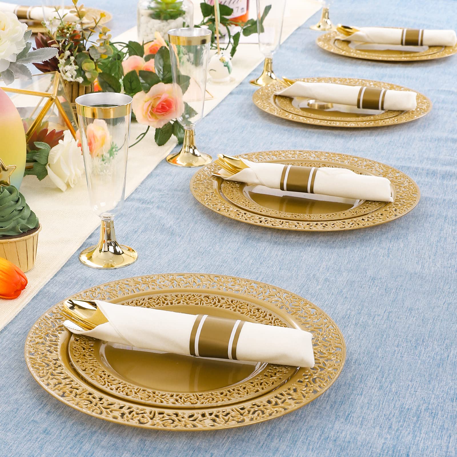 DaYammi 210Pcs White Gold Plastic Plates for Party,Gold Disposable Dinnerware Set Includes 60 gold Floral Plates,30 Plastic Silverware,30 Per Rolled Napkins,30 Cups for Mother's Day Party Wedding