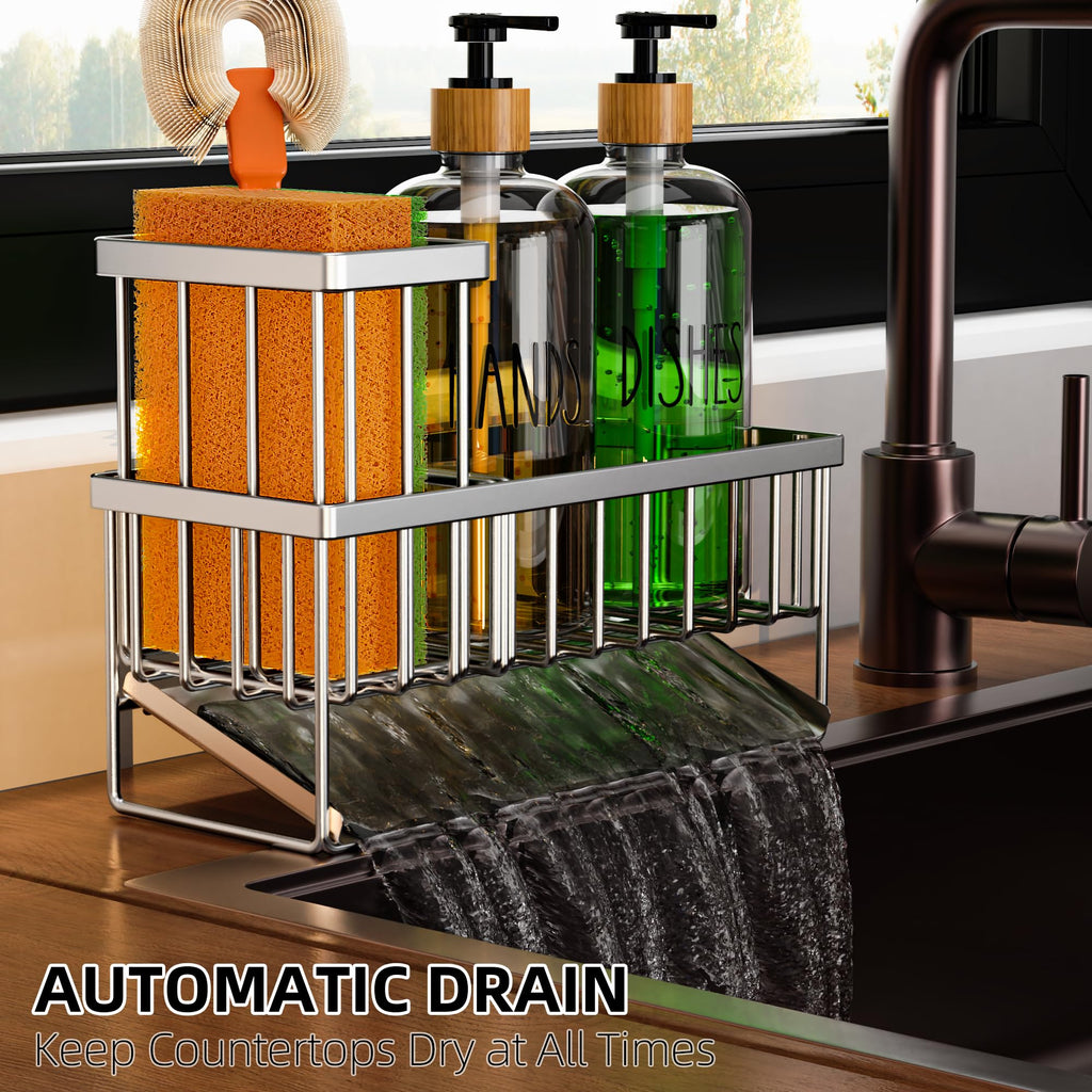 Cisily Kitchen Dish Soap Dispenser Set with 2 Pack 16.9oz Amber Glass Bottle and Sponge Holder, Dish Soap Dispensers with Adjustable Sponge Holder, Vintage Hand and Dish Soap Dispensers Set