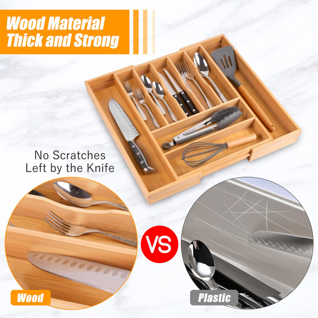 Bellsal Silverware Organizer Kitchen Drawer Organizer Expandable Bamboo Utensil Holder Cutlery Tray for Kitchen Utensil and Flatware Bedroom Office