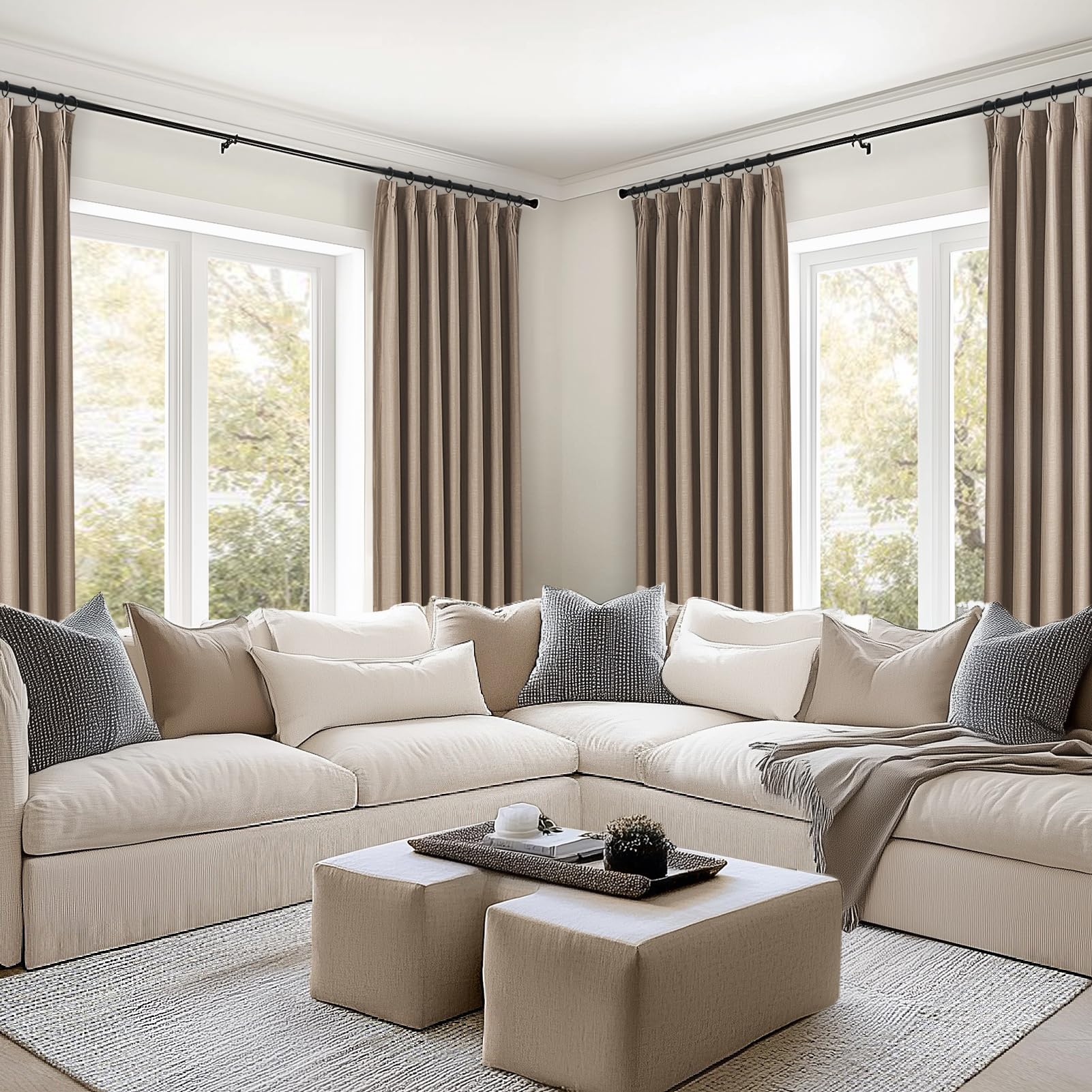Topfinel Pinch Pleated Curtains 96 Inch Long, 100% Blackout Thermal Insulated Natural Linen Pinch Pleat Viral Drapes with Hooks Rings 2 Panel Sets, Neutral Beige Ivory 8FT Back Tab Window Curtains