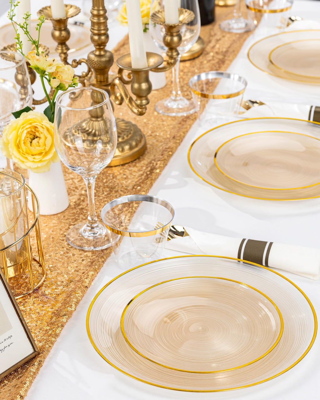 Morejoy 60Pcs Brown Plastic Plates,Brown Disposable Plates With Gold Rim, Gold Party Dinnerware Set Include 30 Dessert plates,30 Dinner plates for Party & Wedding