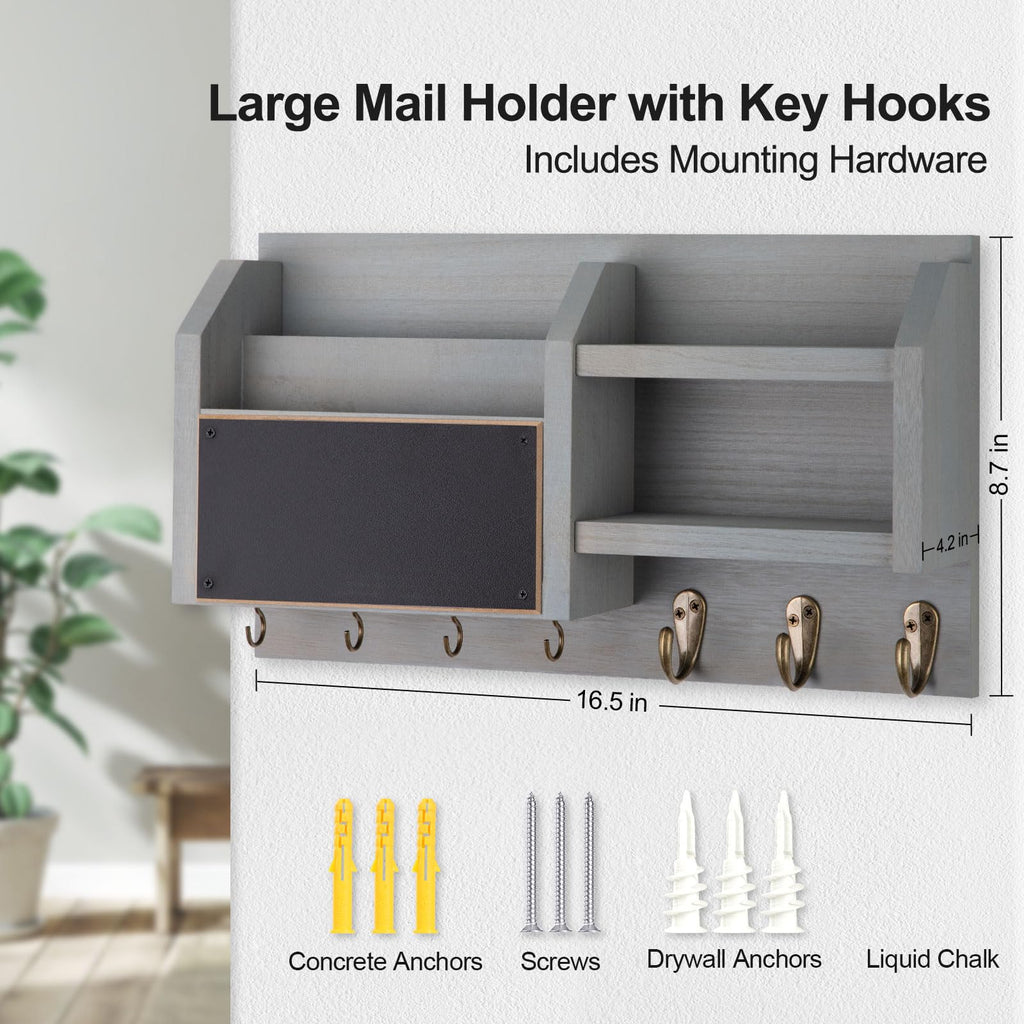 Mail and Key Holder – Wall Mount Key Hanger with Shelf and 7 Metal Hooks – Decorative Natural Paulownia Wood Entryway Organizer with Mounting Hardware (16.5”W x 8.7”H x 3.5”D) (Brown)
