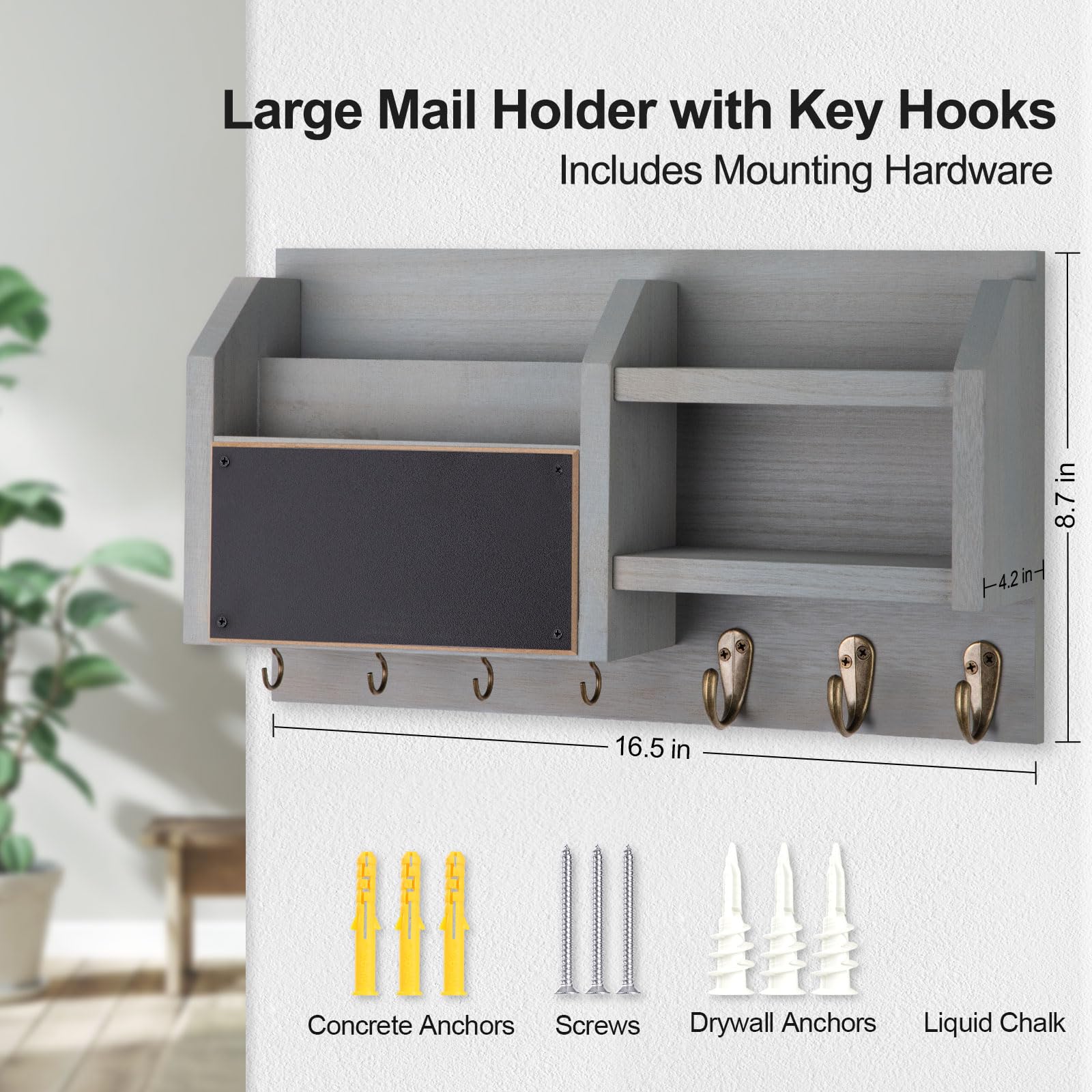 Mail and Key Holder – Wall Mount Key Hanger with Shelf and 7 Metal Hooks – Decorative Natural Paulownia Wood Entryway Organizer with Mounting Hardware (16.5”W x 8.7”H x 3.5”D) (Brown)