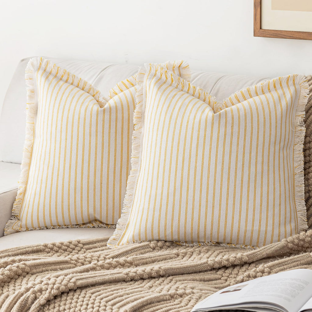 YEENAASY Throw Pillow Covers 20x20 Set of 2 Striped Fringe Pillow Cover Farmhouse Cushion Covers with Tassel Neutral Boho Pillows Decorative Square Pillowcase for Couch Sofa Bed, Black