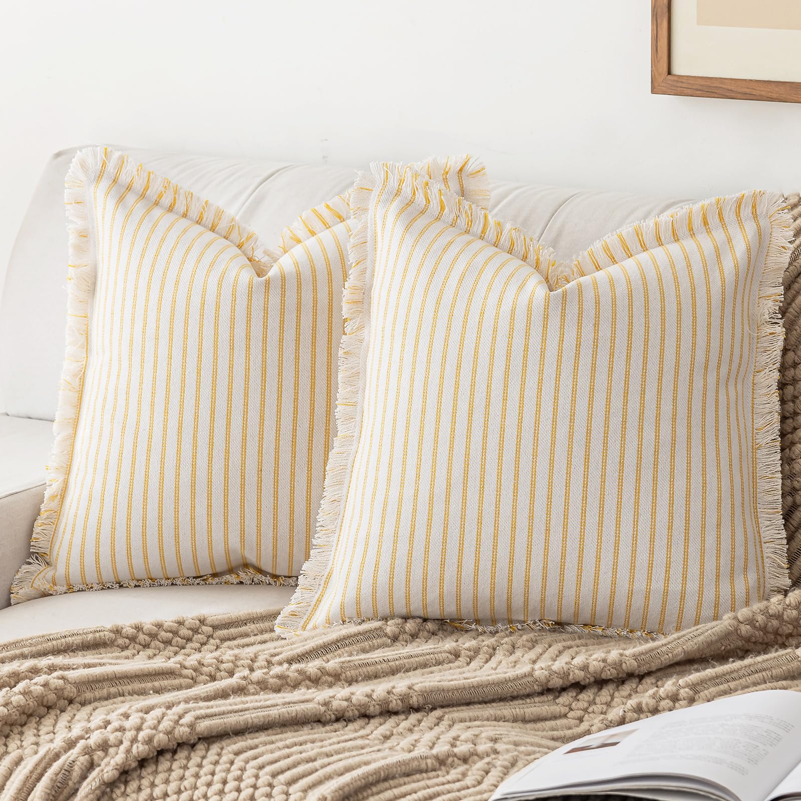 YEENAASY Throw Pillow Covers 20x20 Set of 2 Striped Fringe Pillow Cover Farmhouse Cushion Covers with Tassel Neutral Boho Pillows Decorative Square Pillowcase for Couch Sofa Bed, Black