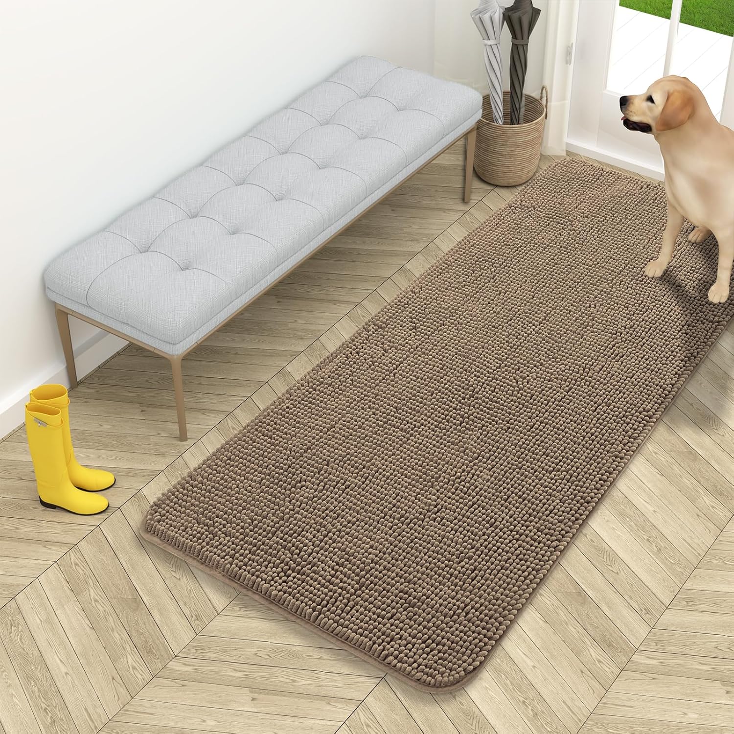 OLANLY Dog Door Mat for Muddy Paws 48x30, Absorbs Moisture and Dirt, Absorbent Non-Slip Washable Doormat, Quick Dry Chenille Mud Mat for Dogs, Entry Indoor Entryway Carpet for Inside Floor, Grey