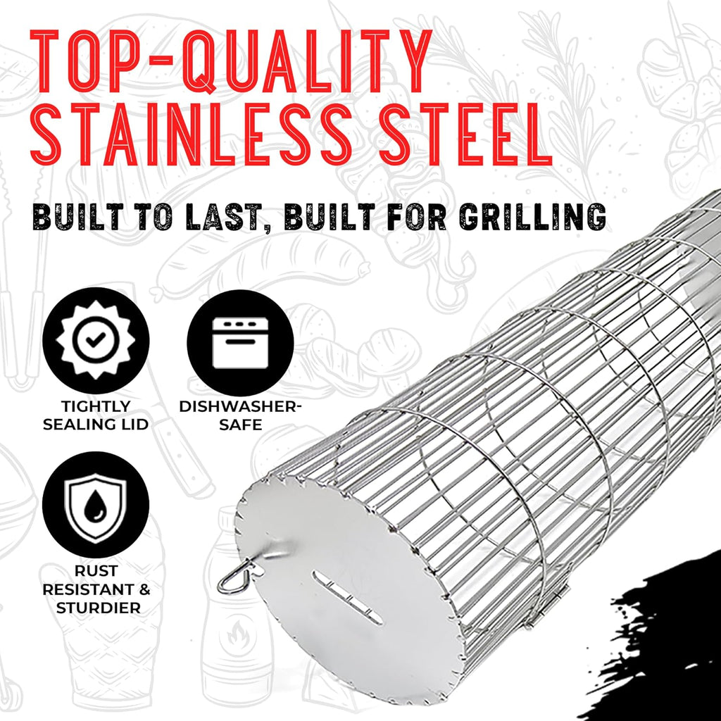 Rolling Grill Basket, New Opening Design, Extra Sturdy Cylinder Grilling Basket, Food Grade Stainless Steel, Large Portable Outdoor Camping accessories BBQ Net Rack, Cooking Griller for Fish, Vegetables, and More - Gifts for Men Dad Husband - Set of 2