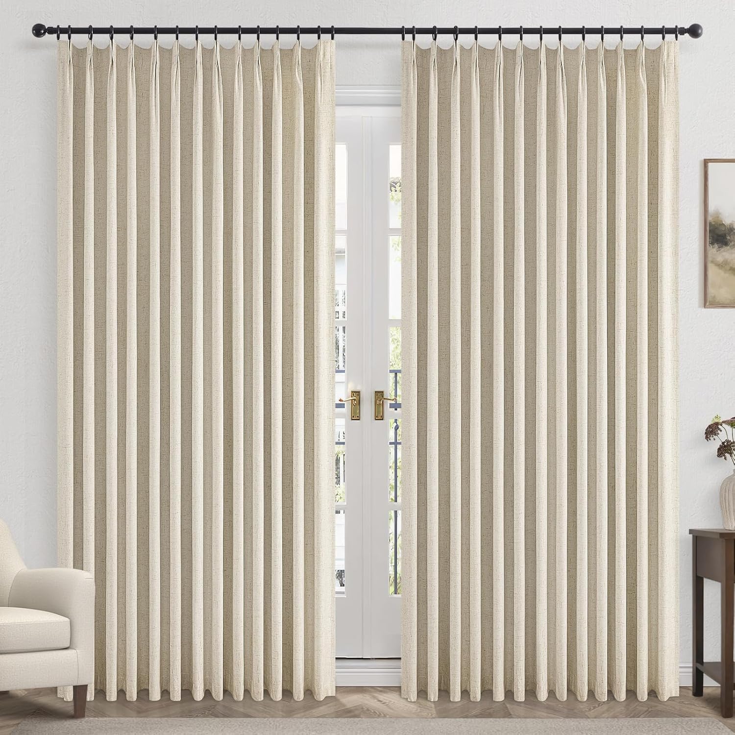 Topfinel Extral Wide Custom Sliding Door Curtains, Cream Beige Pinch Pleated 100% Blackout Linen Luxury Curtains with Hooks for Patio Large Window Living Room Track, 72" Wx84 L 2 Panel