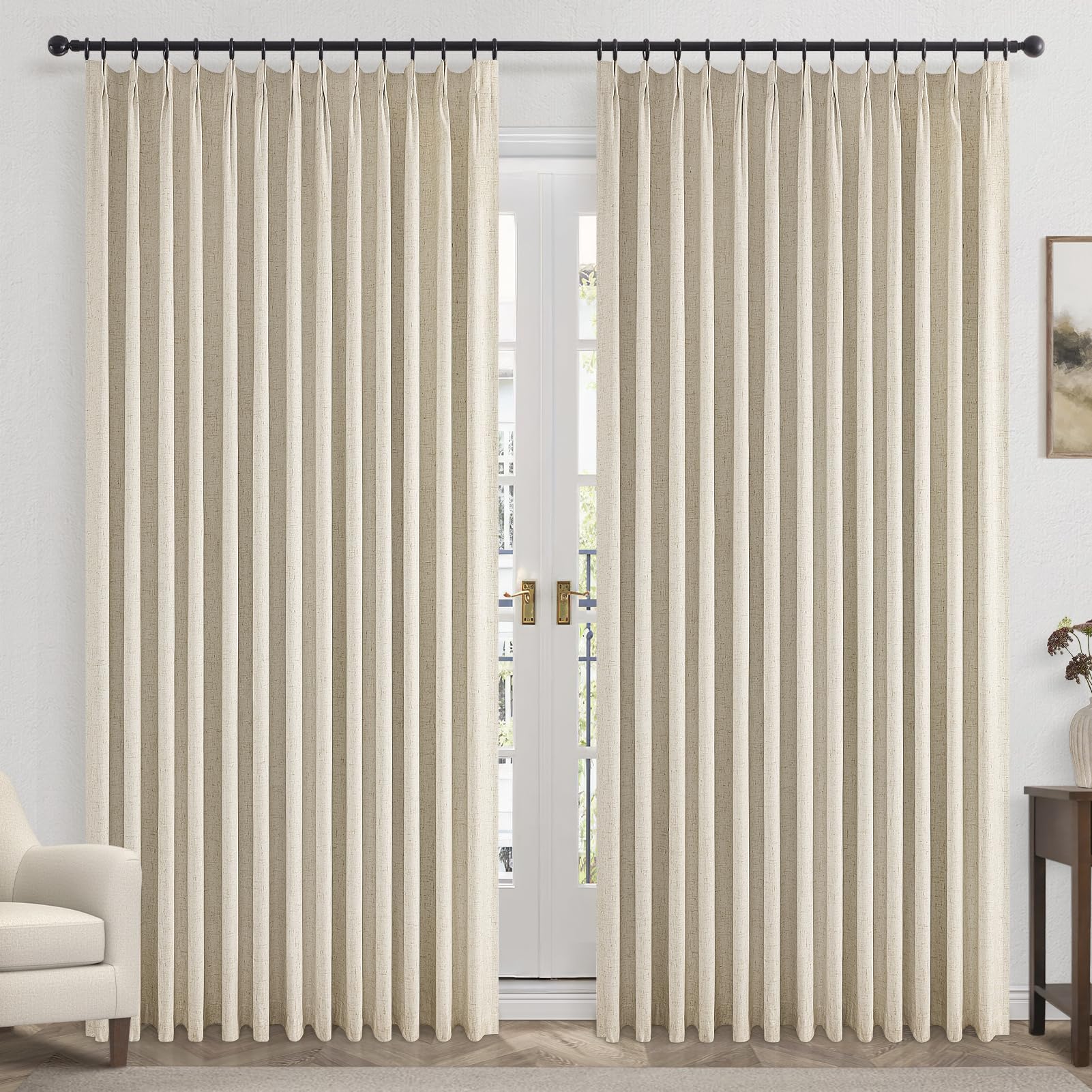 Topfinel Extral Wide Curtains, Pinch Pleated 100% Blackout Linen Drapery Panels with Hooks, Pinch Pleat Drapes for Patio Sliding Door Large Window Living Room Track, 72" Wx96 L 2 Panel