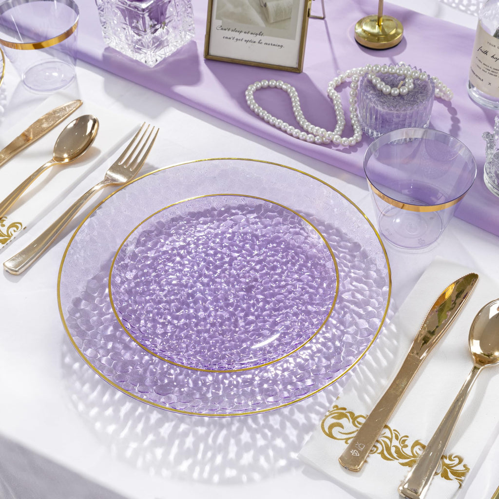 DaYammi 100 Pcs Clear Gold Plastic Plates, Hammered Party Plate, Fancy Plastic Plates Disposable Clear Disposable Dessert Platos, 7 Inch Heavy duty Plastic Dessert Platos for Party & Wedding