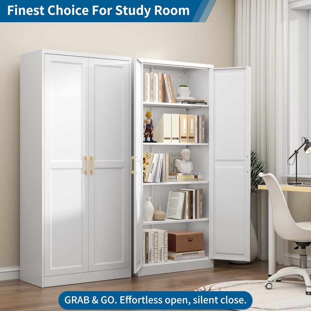 75" Tall Metal Kitchen Storage Cabinet,White Kitchen Pantry Storage Cabinet with Doors and 4 Adjustable Shelves,Utility Cabinet for Living Room,Garage,Dining Room and Office,Assemble Required