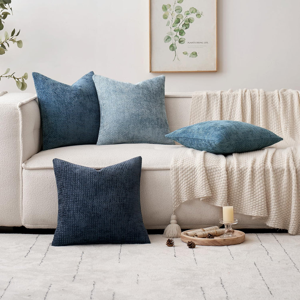 MIULEE Pack of 4 Couch Throw Pillow Covers 18x18 Inch Neutral Blue Soft Decorative Chenille Pillow Covers Farmhouse Accent Cushion Covers for Boho Western Spring Coastal Decor Sofa Bed Living Room