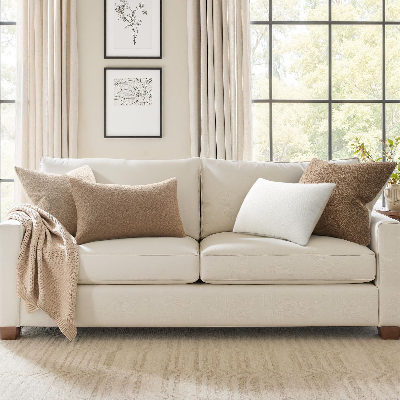 Topfinel Boucle Decorative Pillow Covers 18x18 Inches Set of 4 Neutral Cream Ivory White Pillowcase with Linen Cotton Back Chair Sofa Modern & Minimal Living Room Spring Home Decor