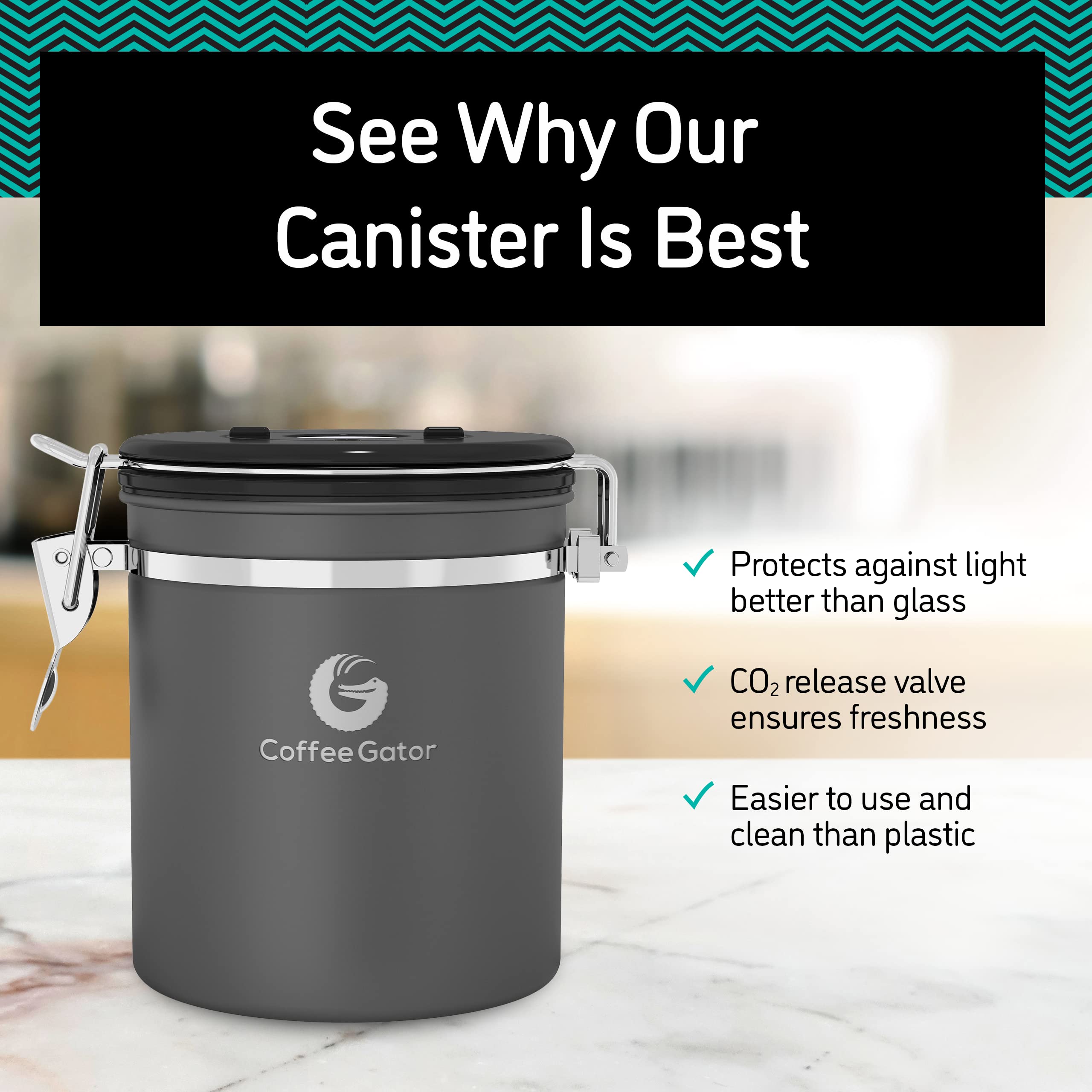 Coffee Gator Stainless Steel Canister - Medium 16oz, Gray Coffee Grounds and Beans Container with Date-Tracker, CO2-Release Valve, and Measuring Scoop - Ideal Coffee Lovers Gifts
