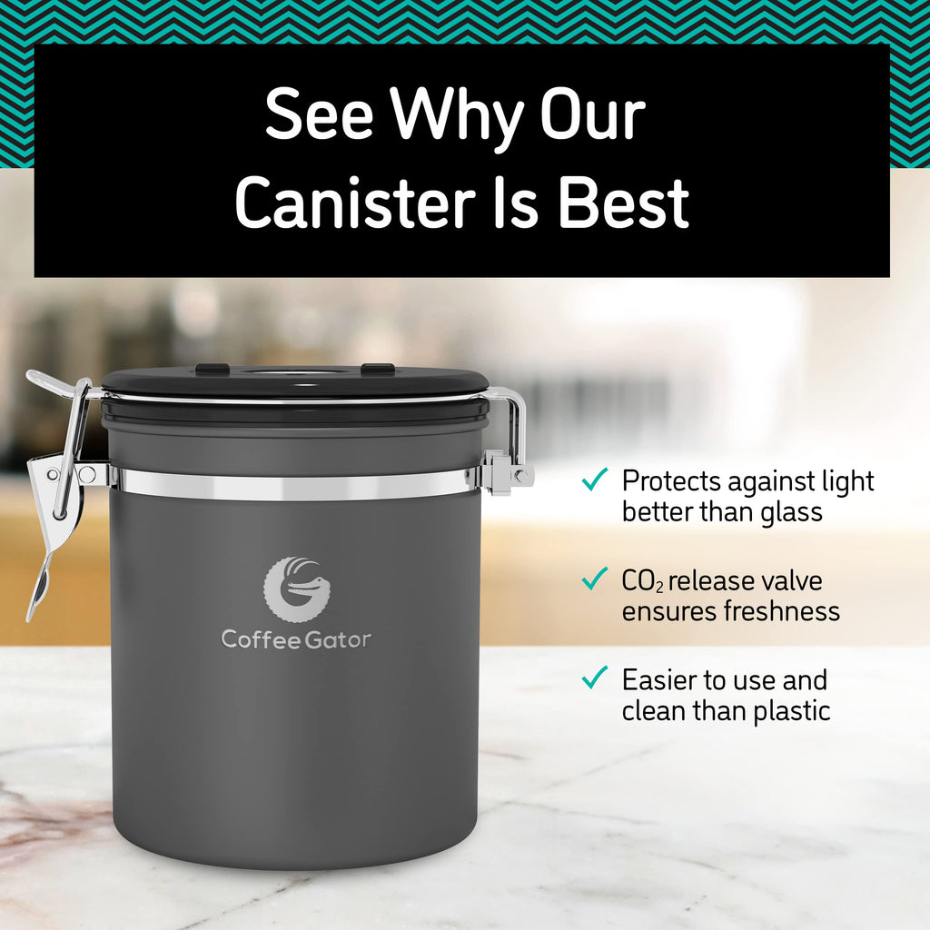Coffee Gator Stainless Steel Canister - Medium 16oz, Gray Coffee Grounds and Beans Container with Date-Tracker, CO2-Release Valve, and Measuring Scoop - Ideal Coffee Lovers Gifts