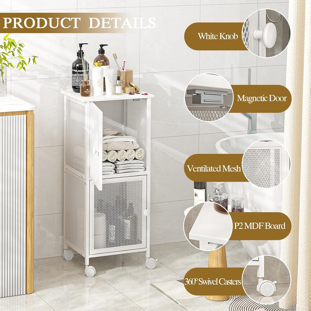 Small Bathroom Storage Cabinet with Movable Wheels, Wooden Bathroom Standing Shelf with 2 Metal Doors, Slim Bathroom Storage Cart for Small Spaces, Laundry, Kitchen, Narrow stand Storage Unit, White