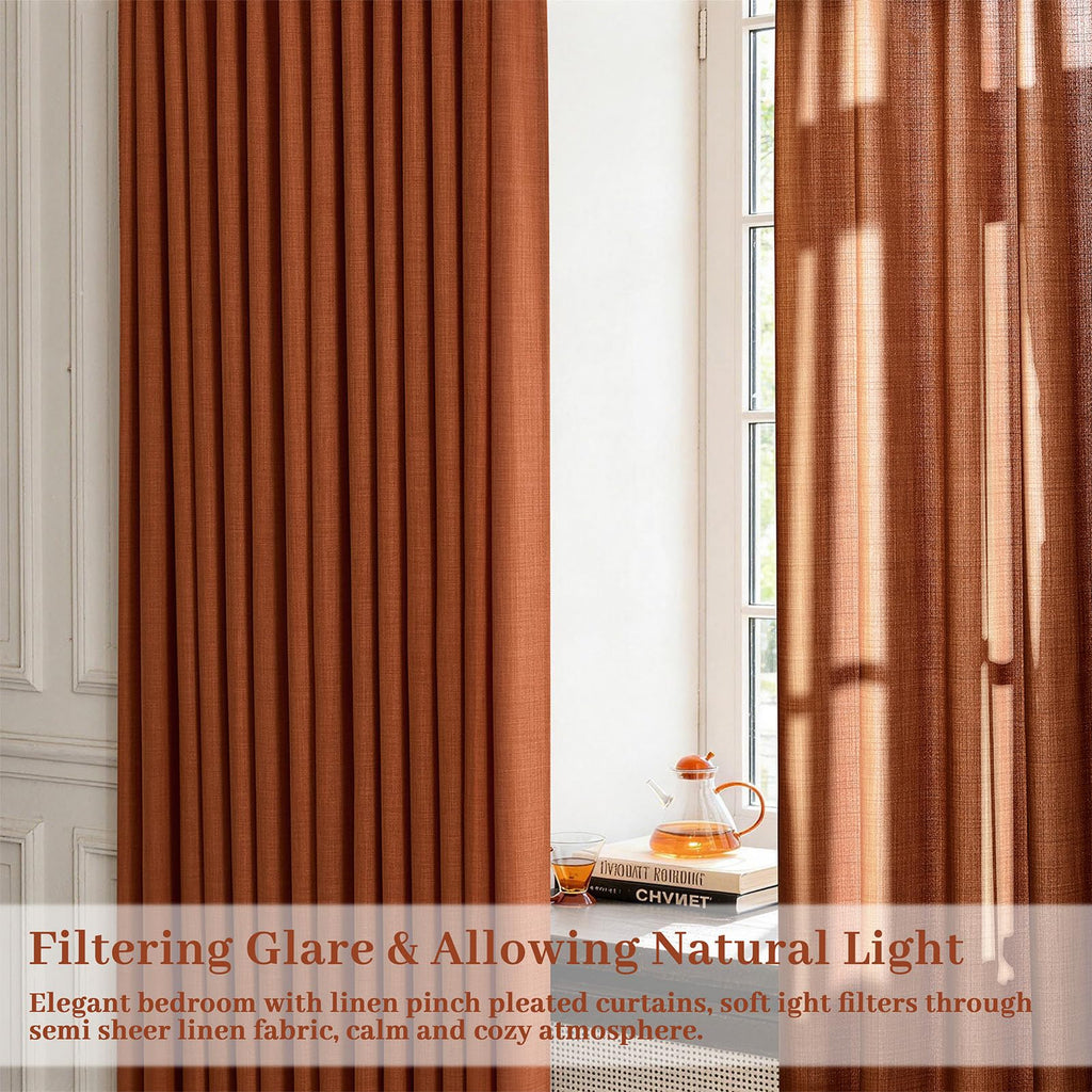 Pinch Pleated Linen Curtains 96 Inches Extra Long Olive Green Drapes, Thick Linen Light Filtering Memory Trained Pleat Curtain for Living Room and Bedroom Privacy 2 Panels Texture with Back Tab