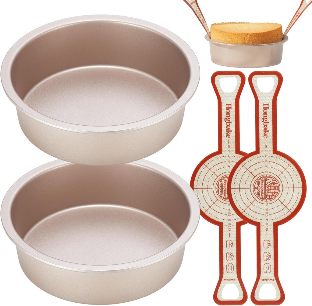 HONGBAKE 8 Inch Round Cake Pan Set for Baking with 2 Pcs Silicone Baking Sling Mats, Nonstick Circle Cake Pans Set of 2, 2.5" Deeper Layer Cake Tin for Oven, Cheesecake Mold, Huty Duty, Golden