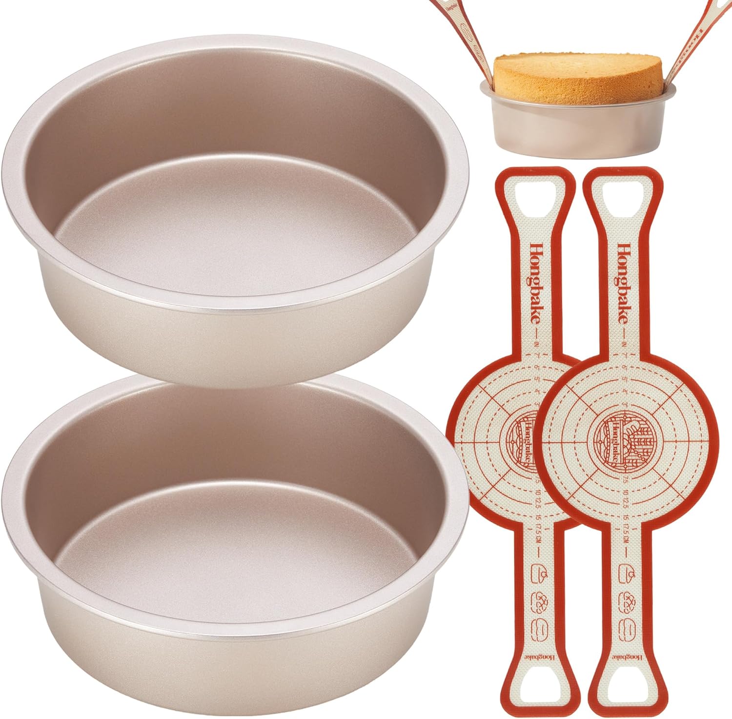 HONGBAKE 8 Inch Round Cake Pan Set for Baking with 2 Pcs Silicone Baking Sling Mats, Nonstick Circle Cake Pans Set of 2, 2.5" Deeper Layer Cake Tin for Oven, Cheesecake Mold, Huty Duty, Golden