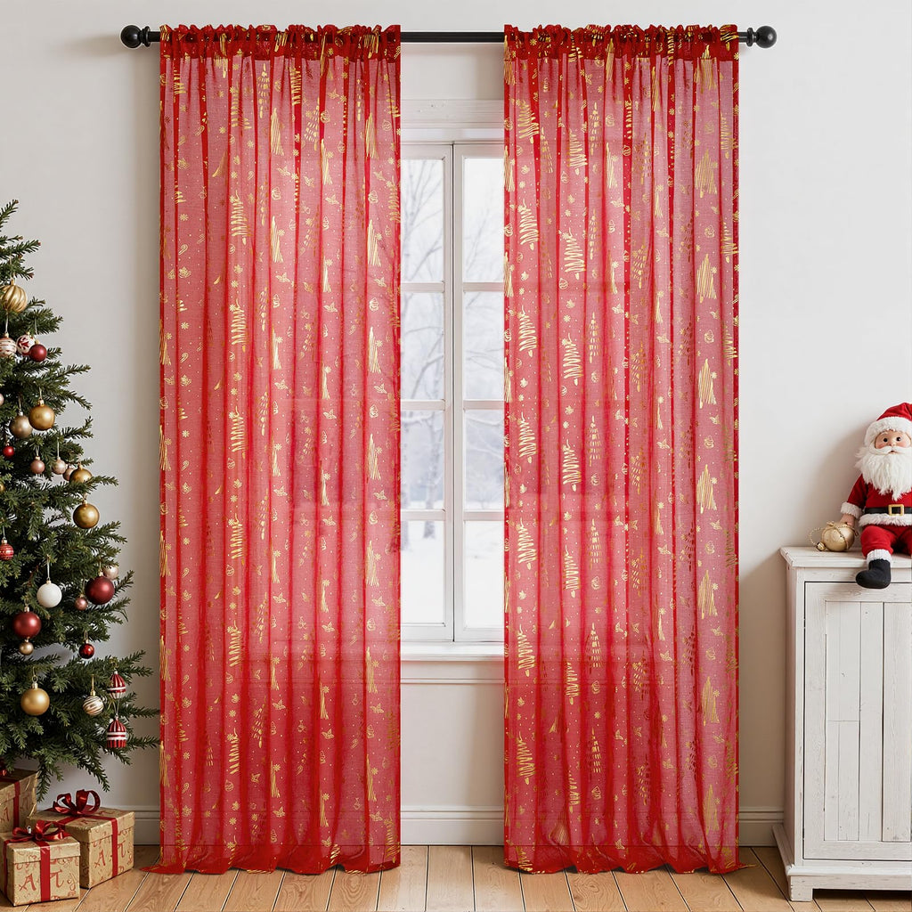 Topfinel Red Christmas Decorations for Home, Sheer Curtains 84 Inch Length for Kids/Living Room 2 Panels Set, Christmas Bells, Snowflake, Santa Claus, Xmas Ball for Cortinas De Navidad Decor