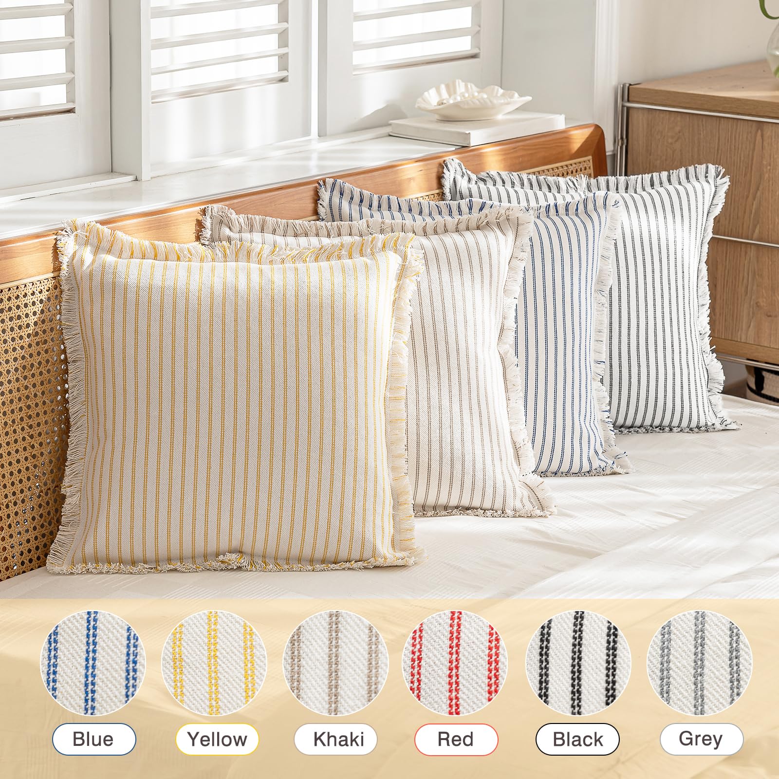 YEENAASY Throw Pillow Covers 20x20 Set of 2 Striped Fringe Pillow Cover Farmhouse Cushion Covers with Tassel Neutral Boho Pillows Decorative Square Pillowcase for Couch Sofa Bed, Black