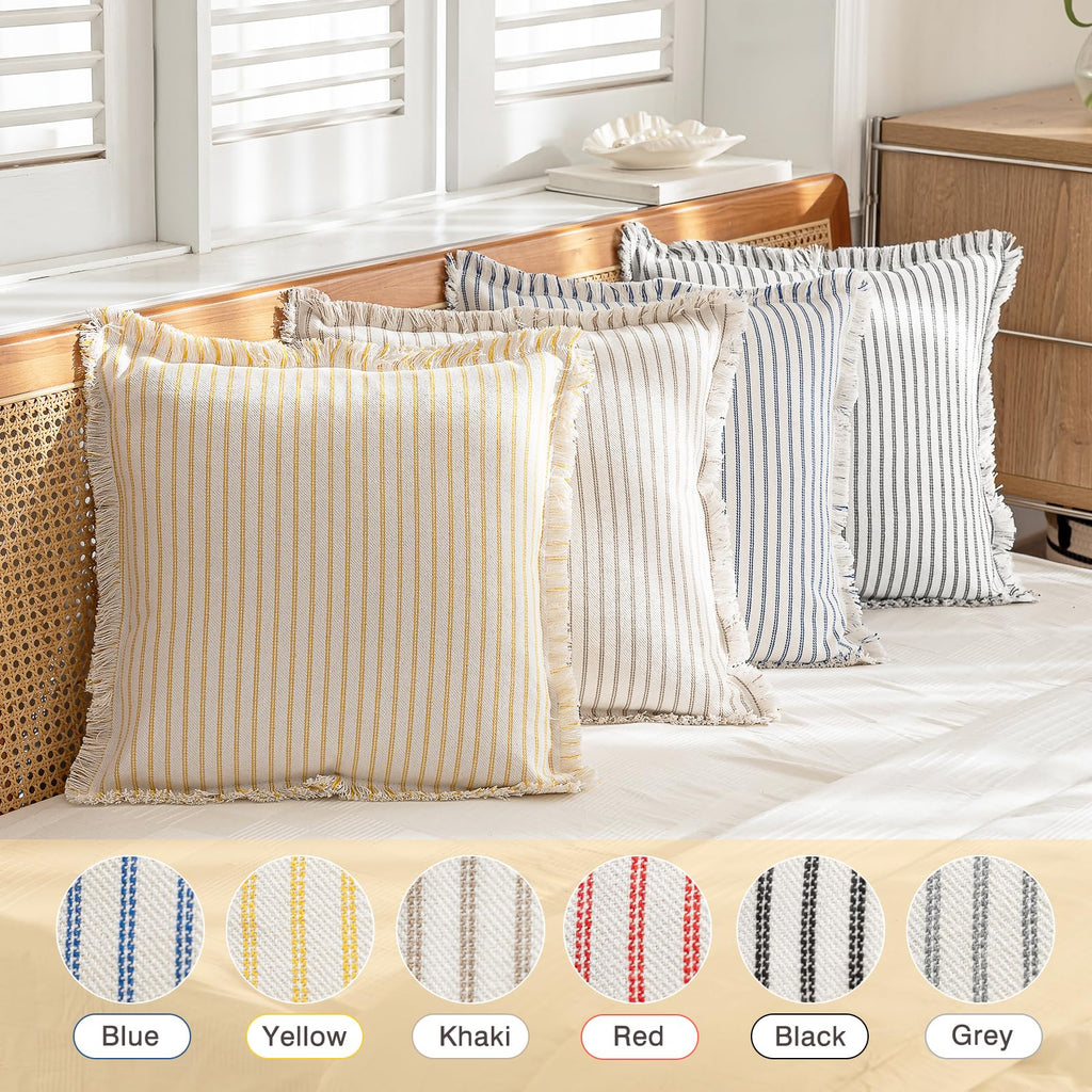 YEENAASY Throw Pillow Covers 20x20 Set of 2 Striped Fringe Pillow Cover Farmhouse Cushion Covers with Tassel Neutral Boho Pillows Decorative Square Pillowcase for Couch Sofa Bed, Black