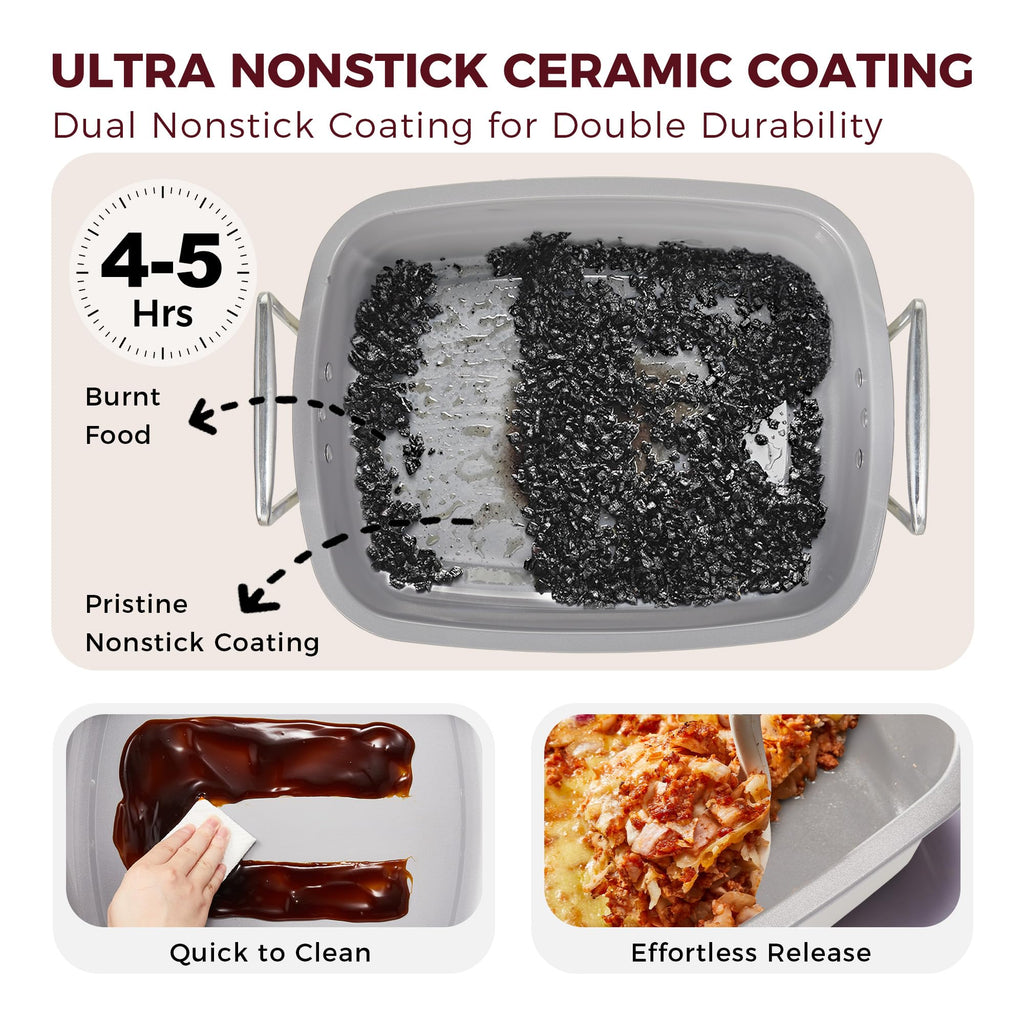 HONGBAKE Ceramic Coated Nonstick Large Turkey Roasting Pan with Rack (U-Shaped), 18.7×13.6 Inch Deep Roaster Pan for 25 lb Turkey & Chicken, Wider Handles, Non Toxic, PFOA & PTFE-Free, Cream & Gray