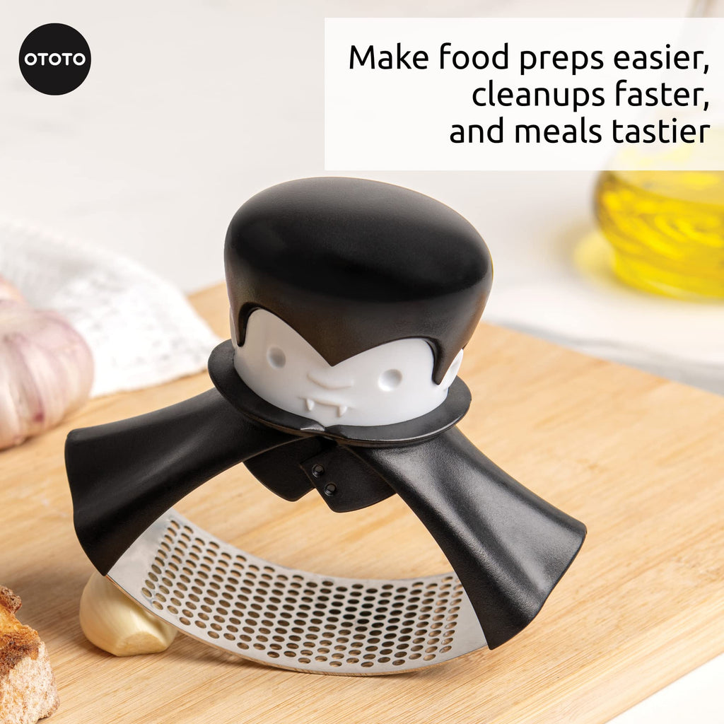 OTOTO Gracula Garlic Crusher, Garlic Mincer, Also for Ginger, Nuts, Chili, Herbs - Twist Top Mincer & Easy Squeeze Manual Press Peeler, Goth Gifts