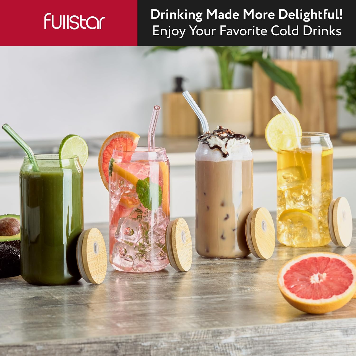 fullstar Glass Tumblers with Lids and Straws – Reusable Iced Coffee Cups with Bamboo Lids (Multicolor, 8 Pack)