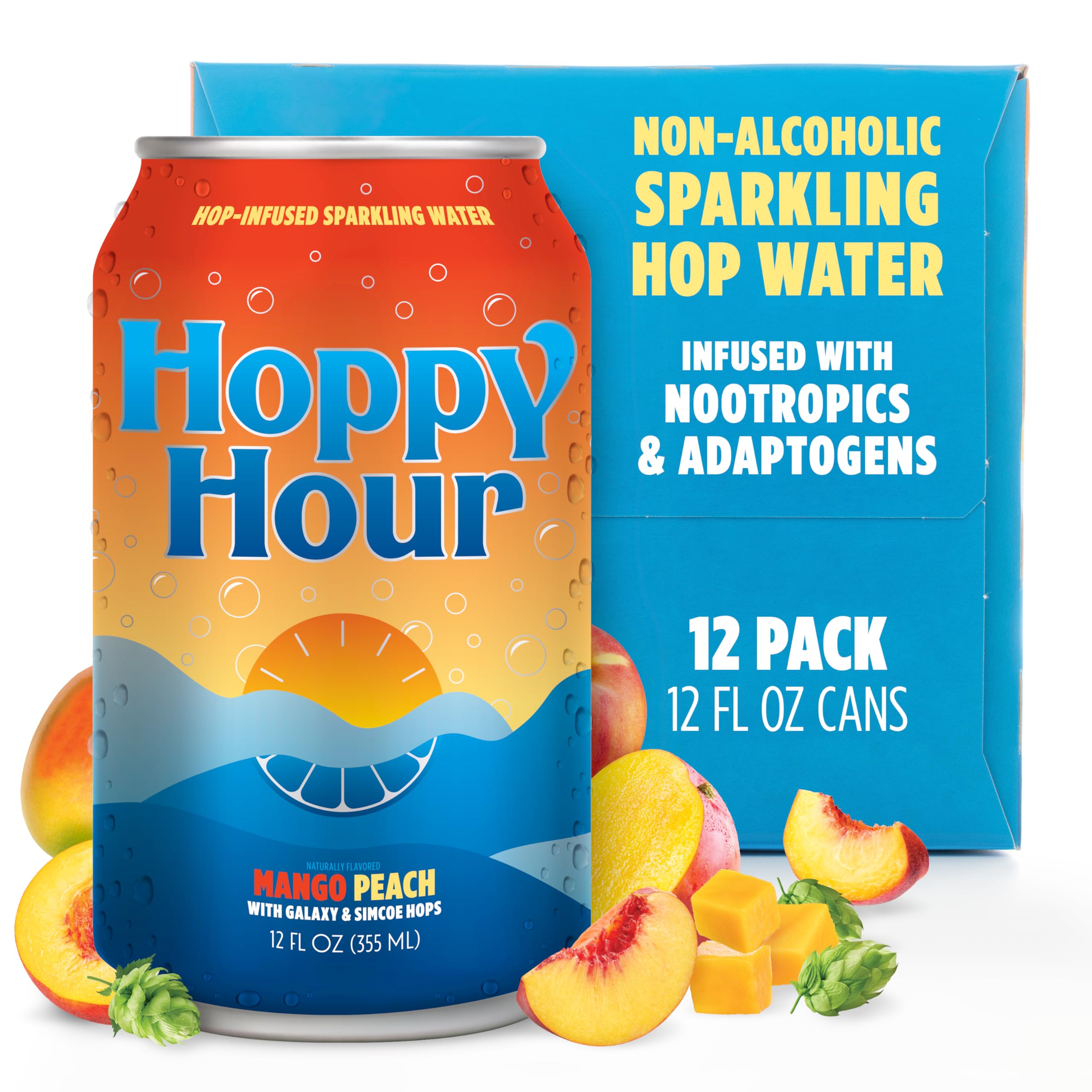 Hoppy Hour Sparkling Hop Water, Non-Alcoholic and Adaptogens Drink, Zero Sugar and Calories, Refreshing Original Citrus Flavor, 12 oz Cans (12-Pack)