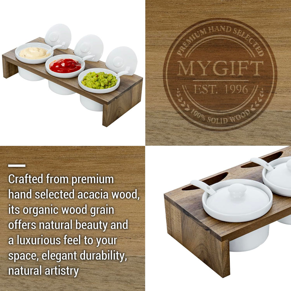 MyGift 10 Pcs Sauce Serving Dish, Hosting Party Essentials Host Gift, 3 Ceramic Ramekin Chip Dip Bowls with Lids & Spoons, Premium Bamboo Server Tray, Condiment Pot Entertaining