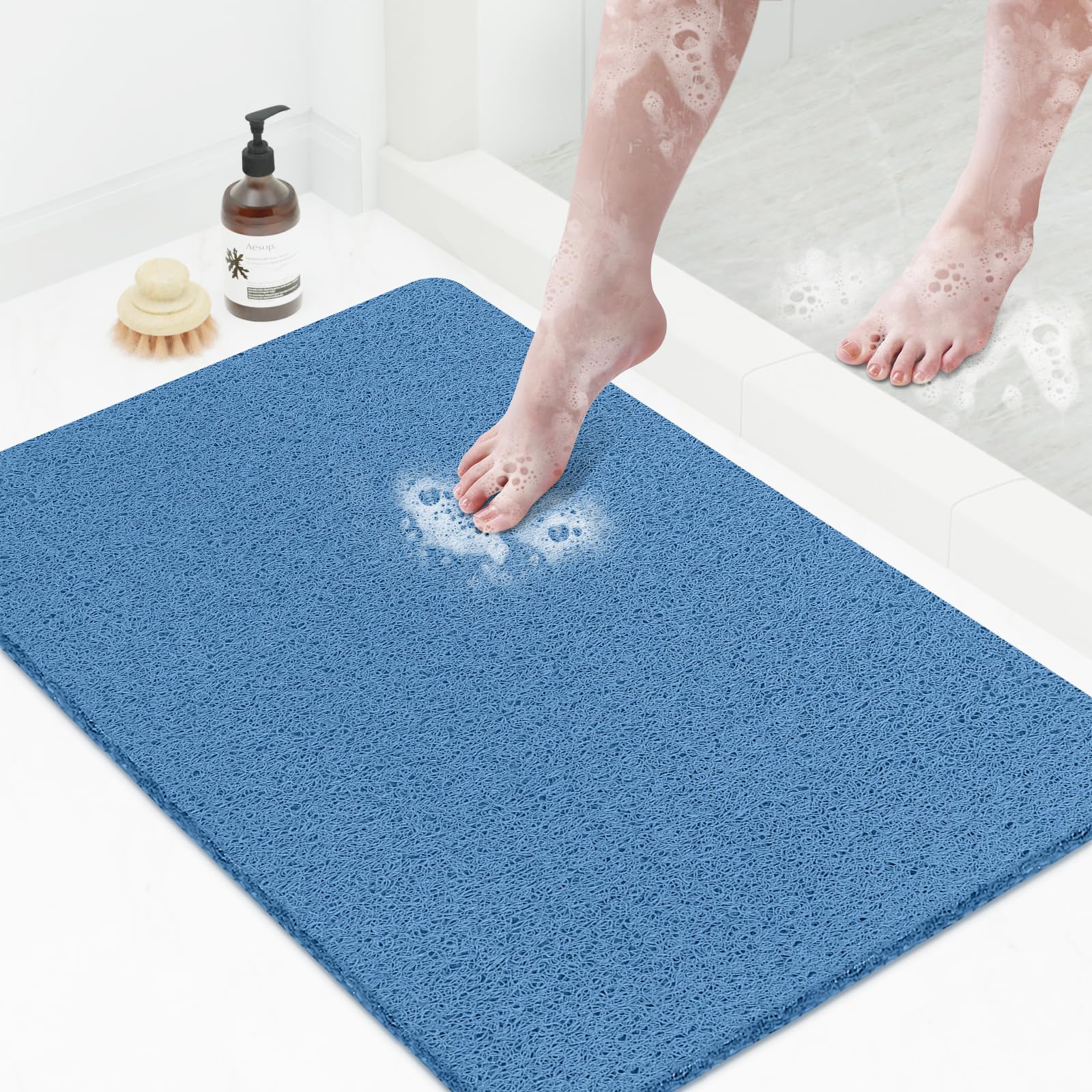 PVC Loofah Shower/Bathtub Mat Non-Slip, 24x16 inch, Soft Tub Mat with Drain, for Tub and Bathroom,Quick Drying,Grey