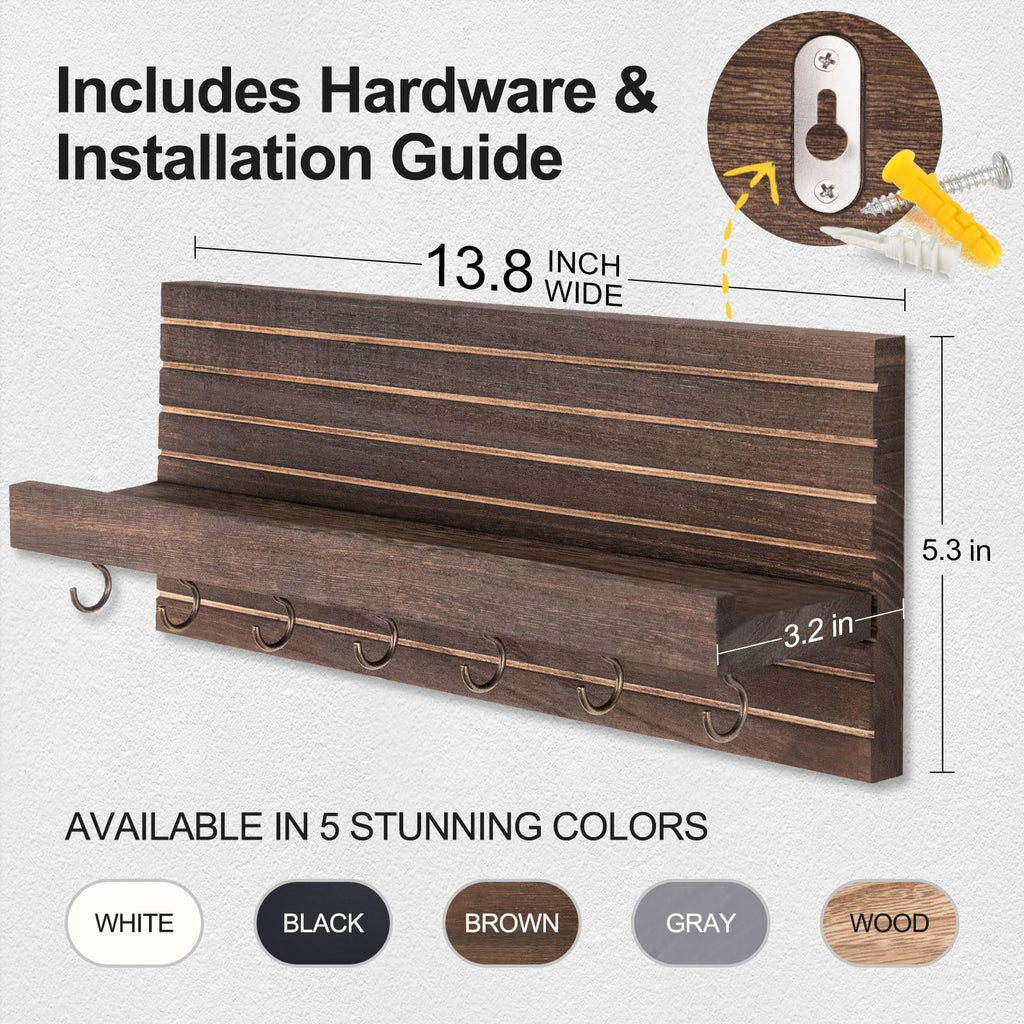 Decorative Key Holder for Wall with Shelf, Entryway Shelf with Hooks Holds Leashes, Jackets and Glasses – Sturdy Wood Keyholder Entrance Hanger with Mounting Hardware (Black, Medium)