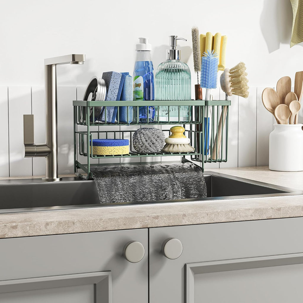 Cisily Sage Green 2-Tier Kitchen Sink Caddy Organzier Rack with Flexible Dish Brush Holder, Sponge Holder for Kitchen Sink Countertop Organization Storage, Home Decor