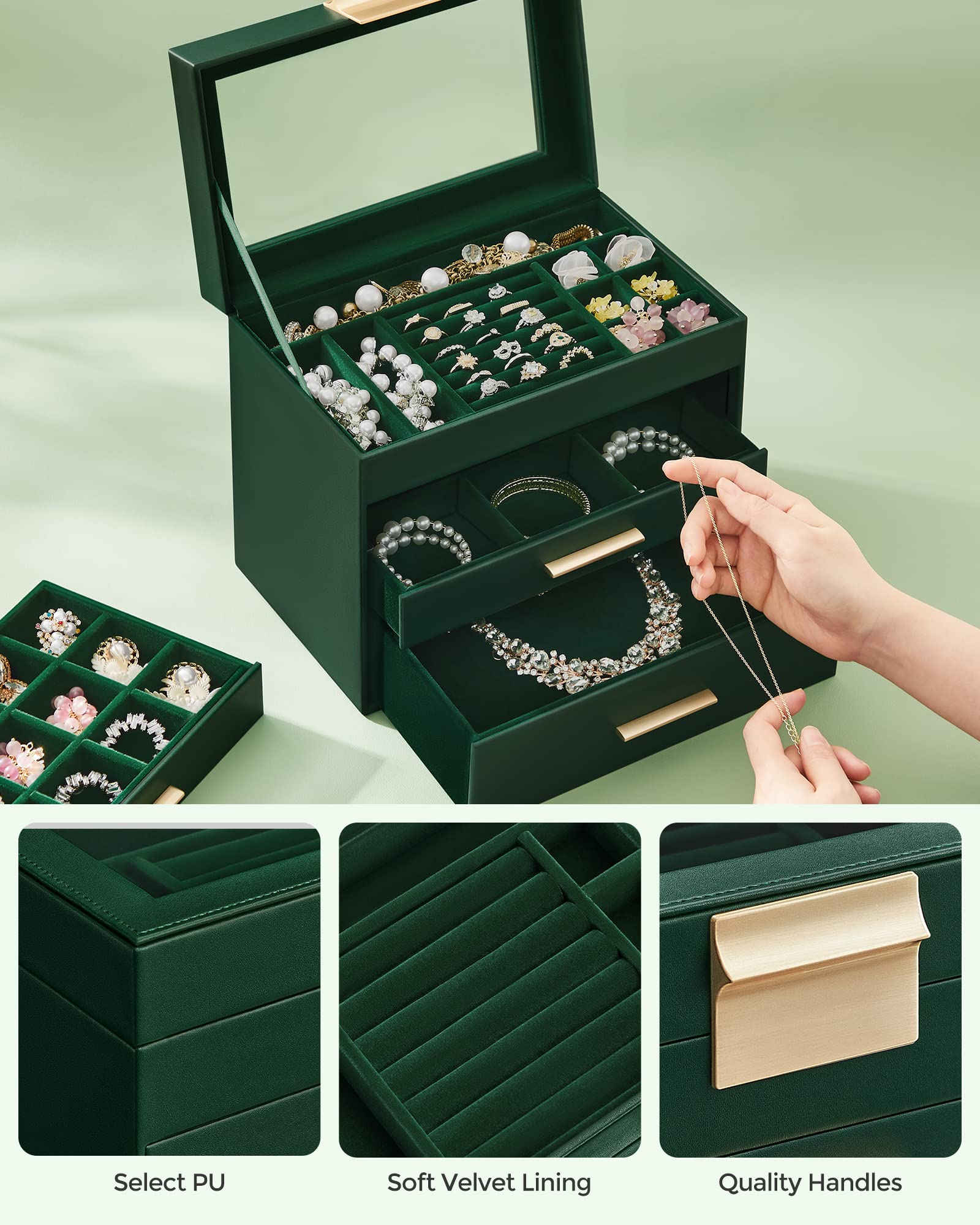 SONGMICS GISELLA Collection - Jewelry Box Organizer, 3-Layer Jewelry Storage with 2 Drawers, Shiny Metal Hardware, Glass Lid, Modern, 8 x 9.1 x 5.3 Inches, Cloud White and Gold Color UJBC239WT