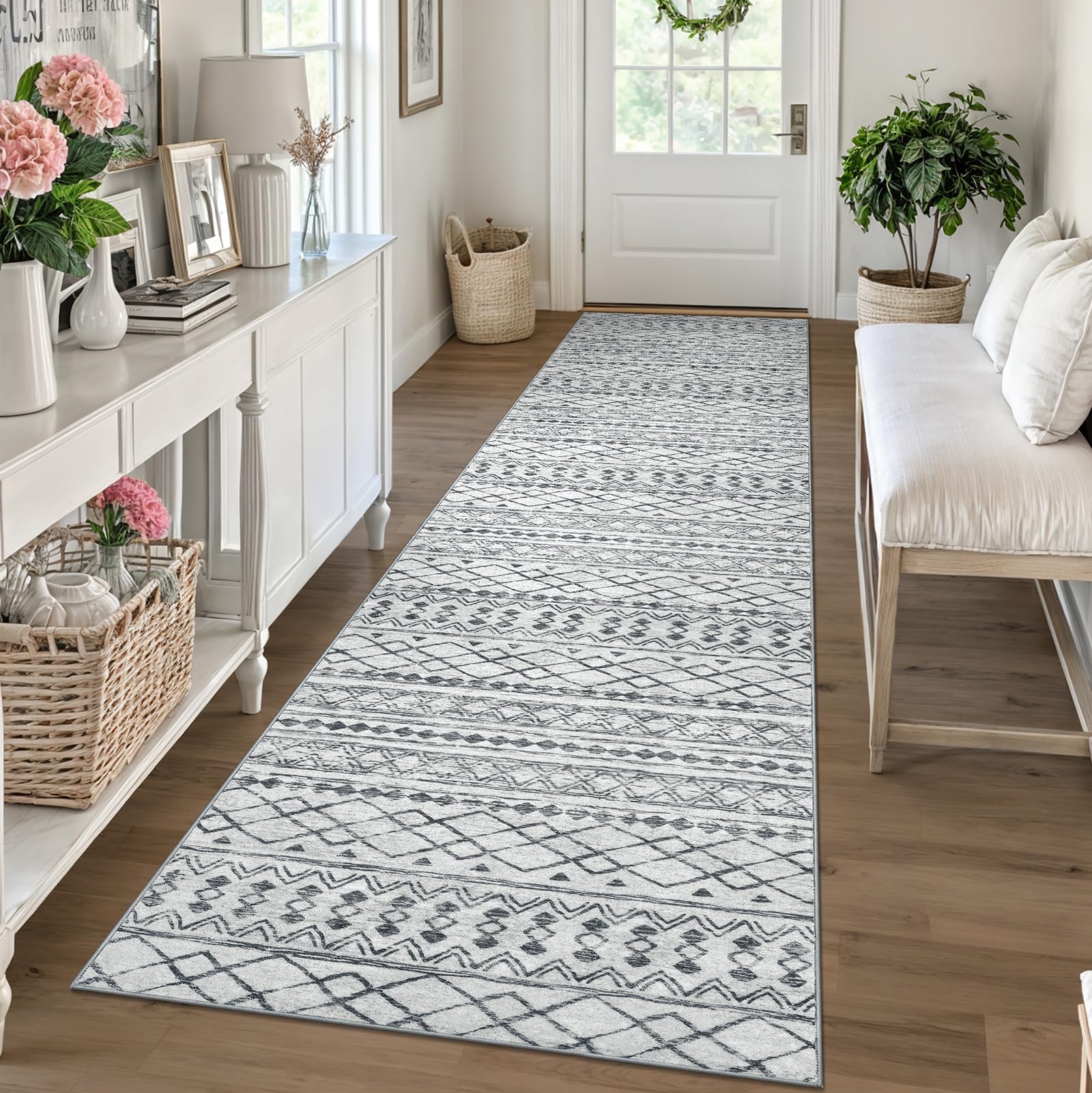 KUTA Washable Non-Slip Rugs for Entryway 2x3, Grey Moroccan Boho Small Area Rug, Ultra Soft Vintage Geometric Low-Pile Indoor Door Mat Floor Carpet for Indoor, Entrance, Kitchen, Bathroom, Bedroom