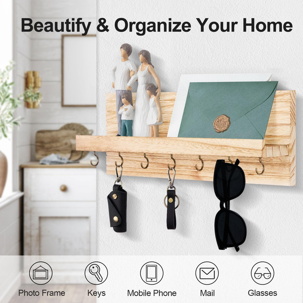 Decorative Key Holder for Wall with Shelf, Entryway Shelf with Hooks Holds Leashes, Jackets and Glasses – Sturdy Wood Keyholder Entrance Hanger with Mounting Hardware (Black, Medium)