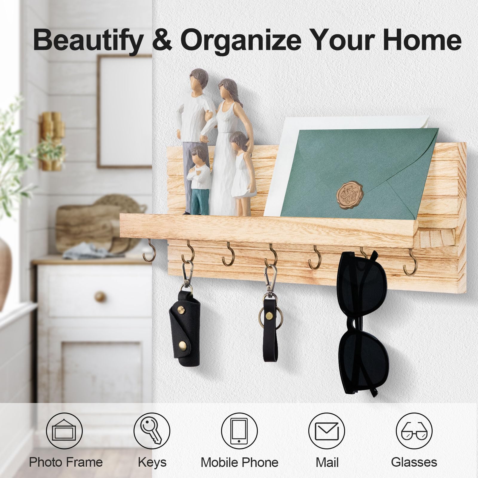 Decorative Key Holder for Wall with Shelf, Entryway Shelf with Hooks Holds Leashes, Jackets and Glasses – Sturdy Wood Keyholder Entrance Hanger with Mounting Hardware (Black, Medium)