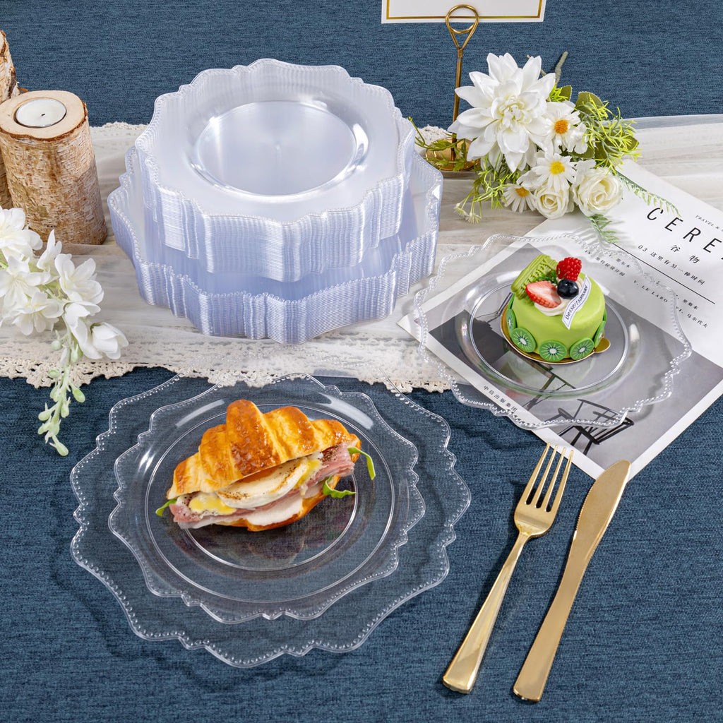 COLOSUS 60PCS White Plastic Plates for 30 guests-Fancy Plastic Beaded Plates,Plastic Plates for Party, Elegant White plates,Include 30 PCS 10.5" Dinner plates & 30PCS 8.25" Dessert plates for easter