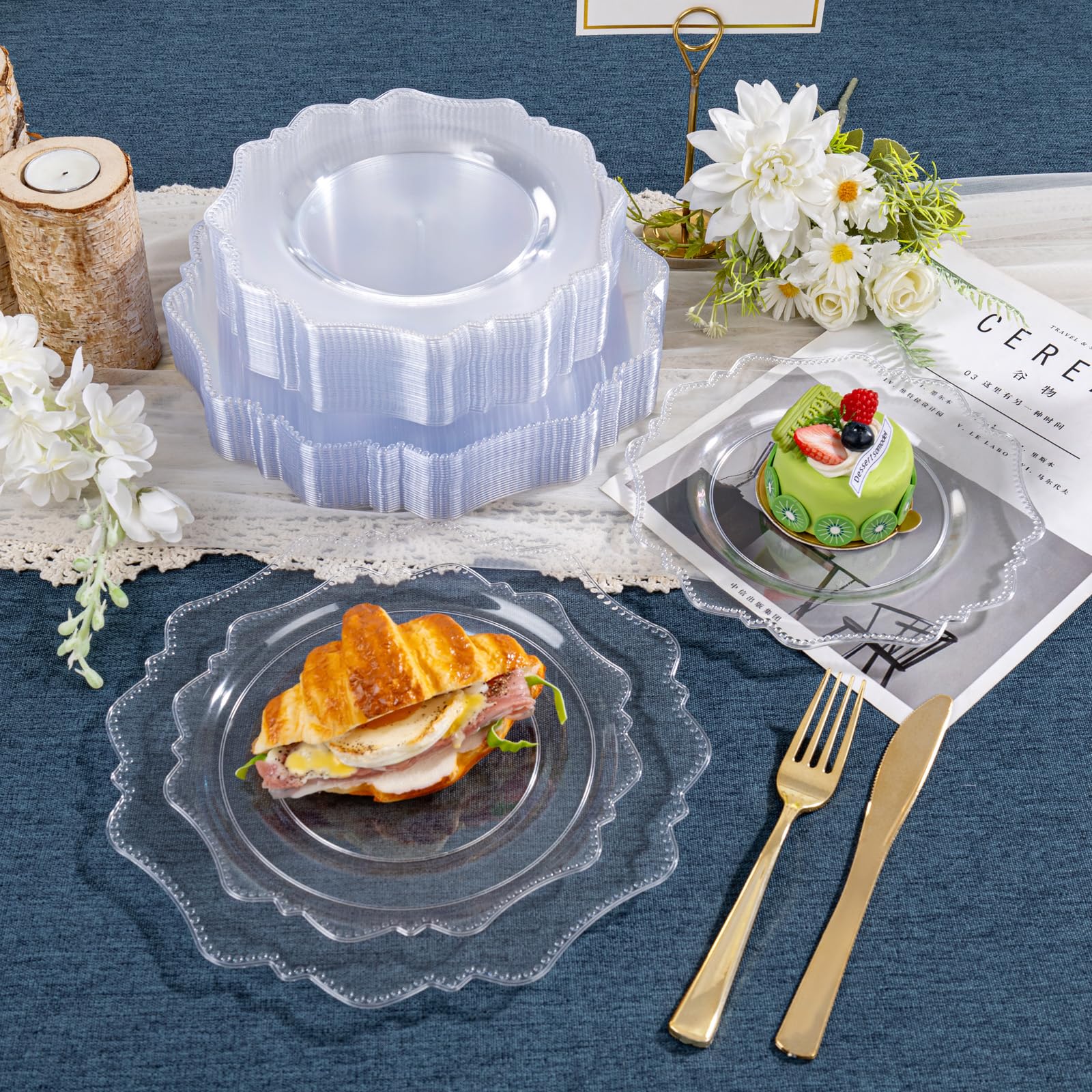 COLOSUS 60PCS White Plastic Plates for 30 guests-Fancy Plastic Beaded Plates,Plastic Plates for Party, Elegant White plates,Include 30 PCS 10.5" Dinner plates & 30PCS 8.25" Dessert plates for easter