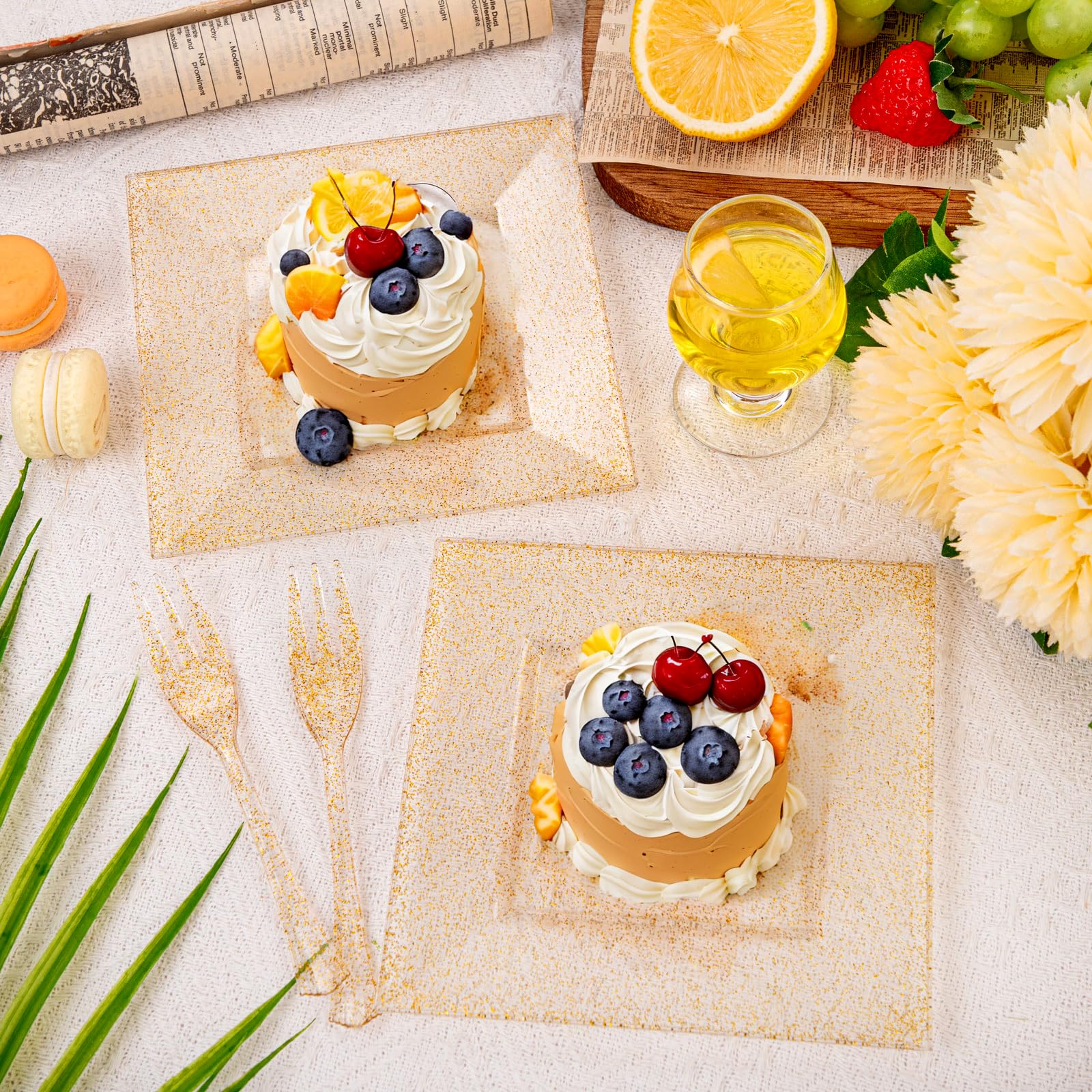 DaYammi 200Pcs Gold Dessert Plates Including 100Pcs Appetizer Plates 6",100Pcs Plastic Forks 5.7",Gold Glitter Plastic Square Plate for Party,Gold Salad Plate and Cake Forks for Party Wedding