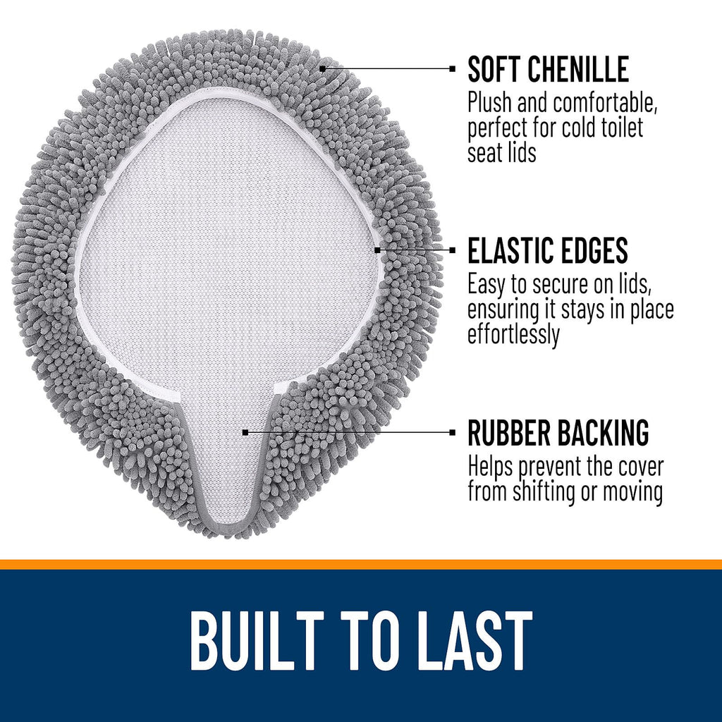 OLANLY Soft Chenille Bathroom Toilet Lid Cover, Machine Washable Seat Covers, 17.5x15, Stays in Place Rubber Backing, Fits Most Round, Elongated and Oblong Lids, Accessories Decor, Gray