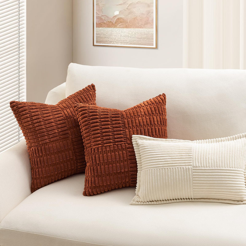 Topfinel Fall Pillow Covers Set of 2 Soft Corduroy Boho Strip Textured Terracotta Pillow Covers Modern Farmhouse Cute Autumn Home Decor Burnt Orange Living Room Sofa Couch Bed 30x30 cm