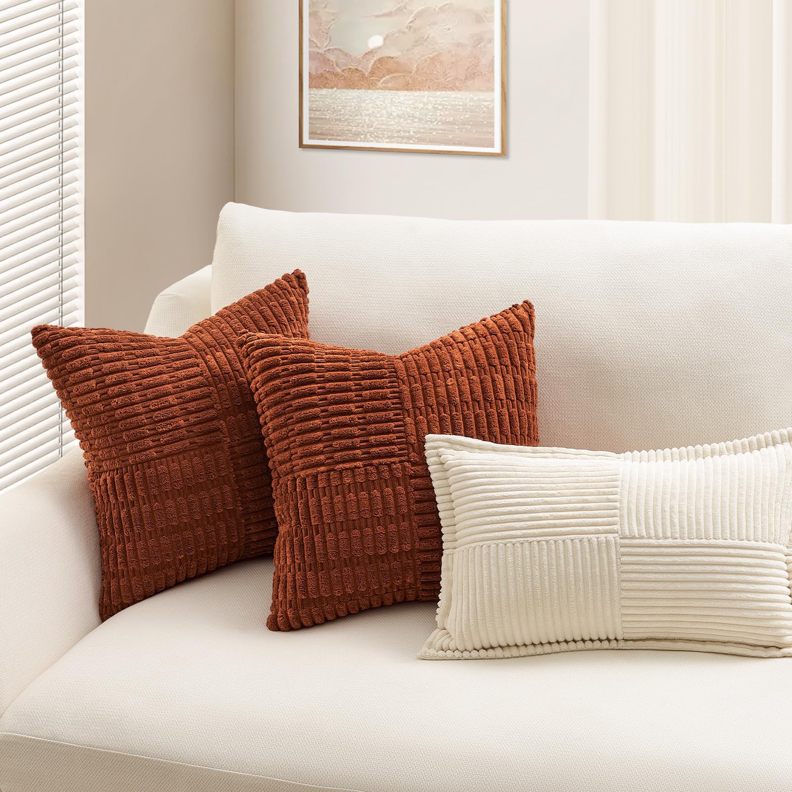 Topfinel Fall Pillow Covers Set of 2 Soft Corduroy Boho Strip Textured Terracotta Pillow Covers Modern Farmhouse Cute Autumn Home Decor Burnt Orange Living Room Sofa Couch Bed 30x30 cm
