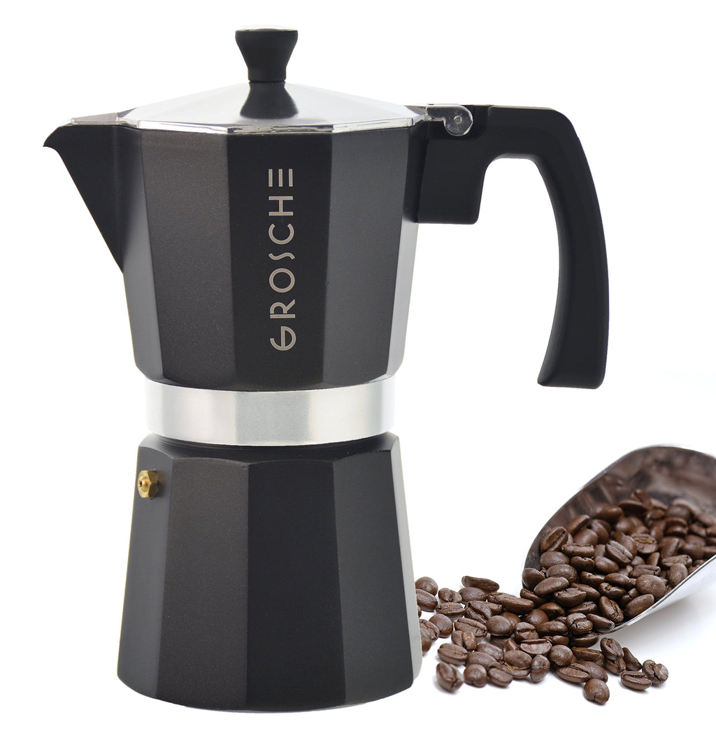GROSCHE Milano Moka pot, Stovetop Espresso maker, Greca Coffee Maker, Stovetop coffee maker and espresso maker percolator (Grey, 6 cup)