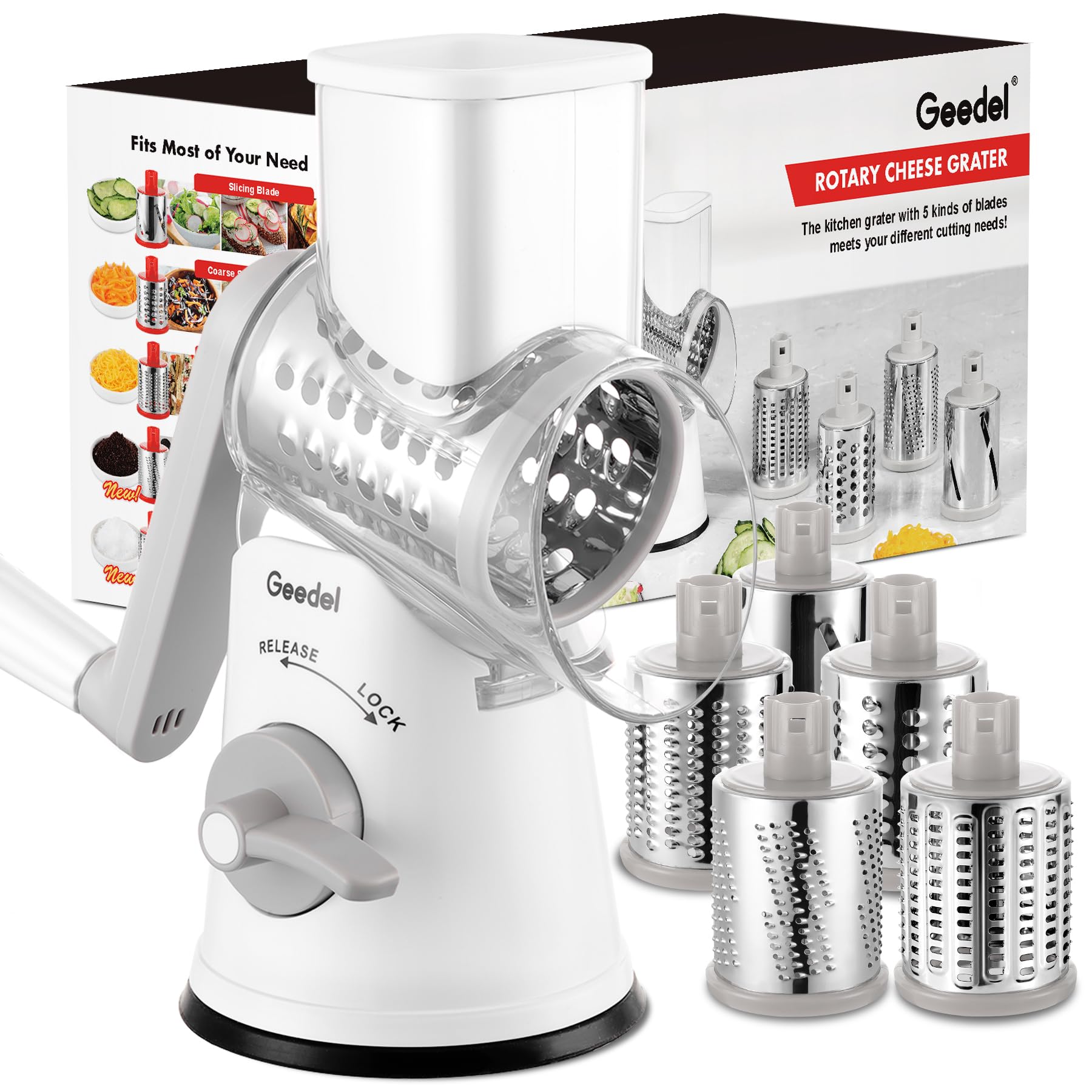Geedel Rotary Cheese Grater, Kitchen Mandoline Vegetable Slicer with 3 Interchangeable Blades, Easy to Clean Rotary Grater Slicer for Fruit, Vegetables, Nuts