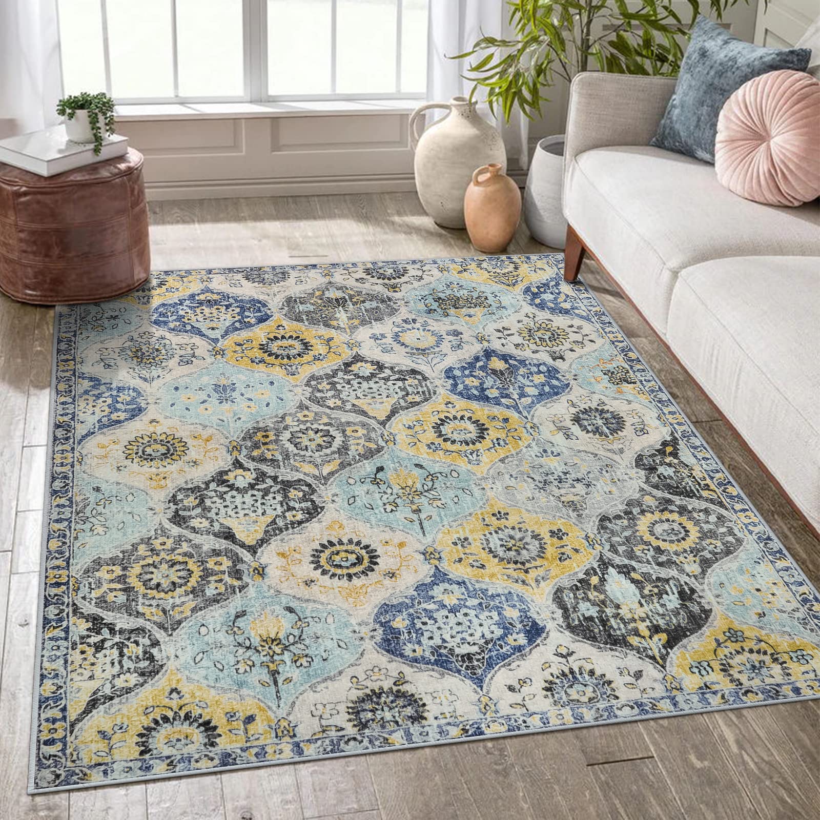 Lahome Moroccan Trellis Washable Rug, 2x3 Kitchen Rugs for Entryway Bathroom, Non-Slip Indoor Door Mat Ultra-Thin, Small Oriental Throw Carpet for Bedroom Entry Elise, Cream/Multi