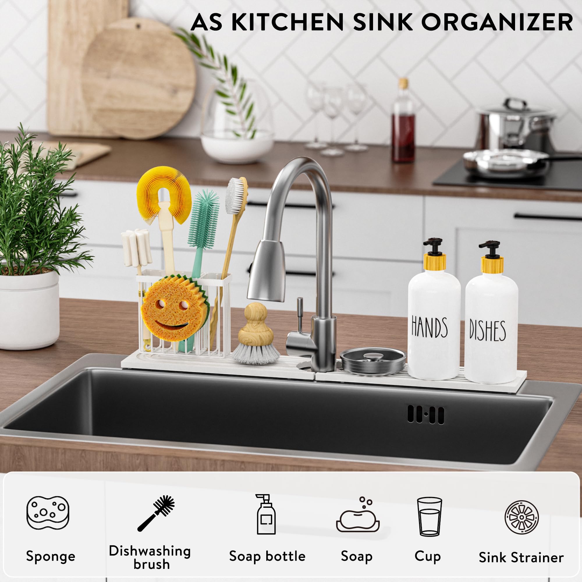 Cisily Tapete de diatomita para grifo de cocina con soporte para escobillas, absorbente para encimera de secado de piedra, área de protección contra salpicaduras de agua, detrás del fregadero de la cocina, organizador de accesorios de decoración