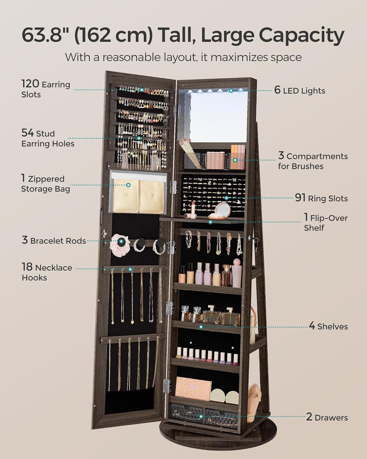 SONGMICS 6 LEDs Lockable Mirror Jewelry Cabinet, 360° Swivel Jewelry Organizer Armoire Standing, Frameless Full-Length Mirror, 3 Storage Shelves, Ash Brown Surface, Black Lining UJJC007K02